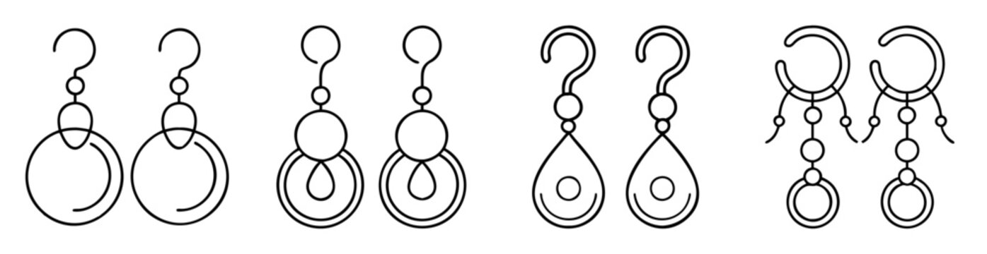 Stylized graphic illustration of several pairs of geometric outline dangle earrings