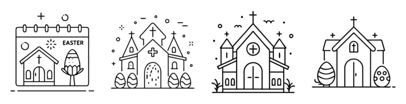 Collection of four unique minimalistic Easter icons featuring churches and eggs