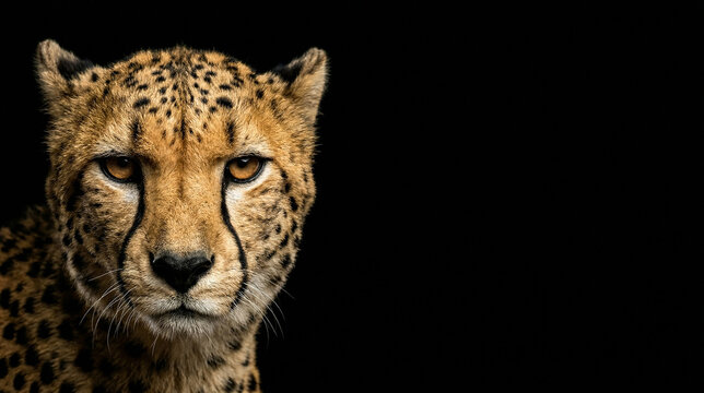 Portrait of a majestic cheetah head with an intense gaze on a black background. Sharp focus on spots and tear tracks with ample copy space for text on the right side