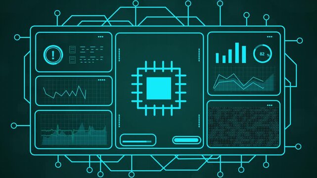 Technology Concept Background with Futuristic UI and Data Analysis,Futuristic digital interface with glowing blue lines and central computer chip diagram, displaying data graphs and charts.