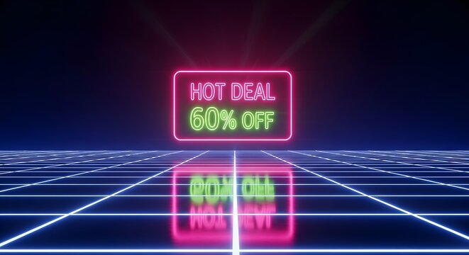 Retro 80s Style Neon Hot Deal 60 Percent Off Sign on Grid Floor