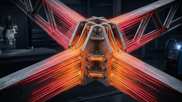 Macro of an industrial metallic gusset plate with glowing red and orange thermal stress lines