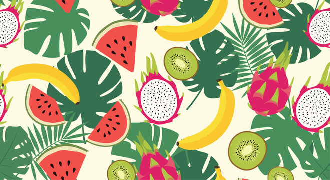 Colorful seamless pattern featuring dragon fruit watermelon banana kiwi and monstera leaves on a light cream background.