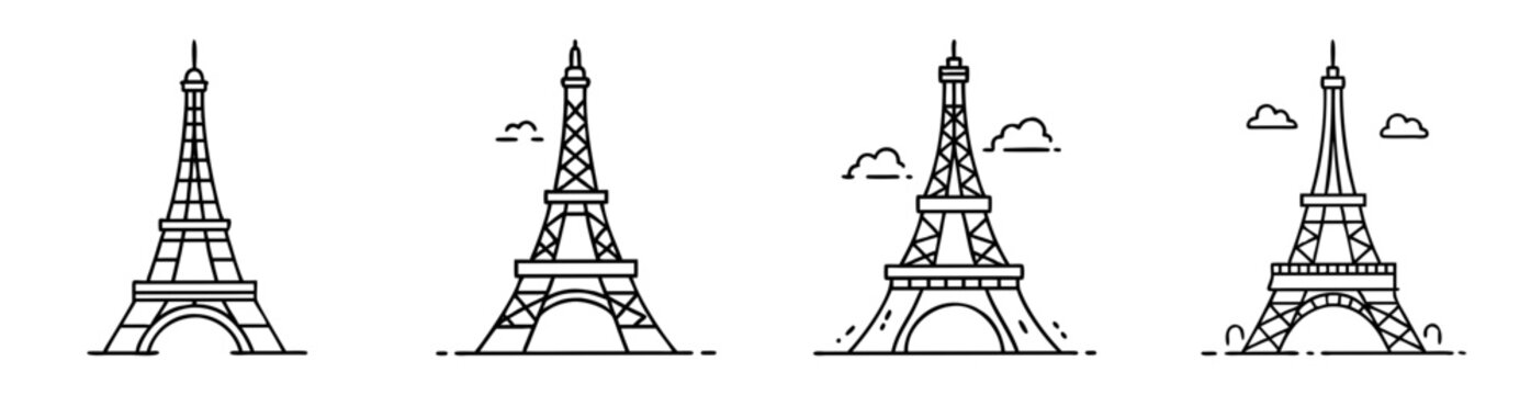 Four minimalist line drawings of the Eiffel Tower with clouds in the sky