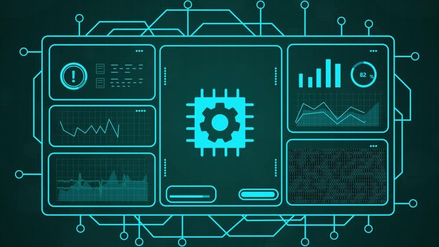 Abstract futuristic digital interface displaying a central circuit board and data analytics on a dark teal background, motion graphics