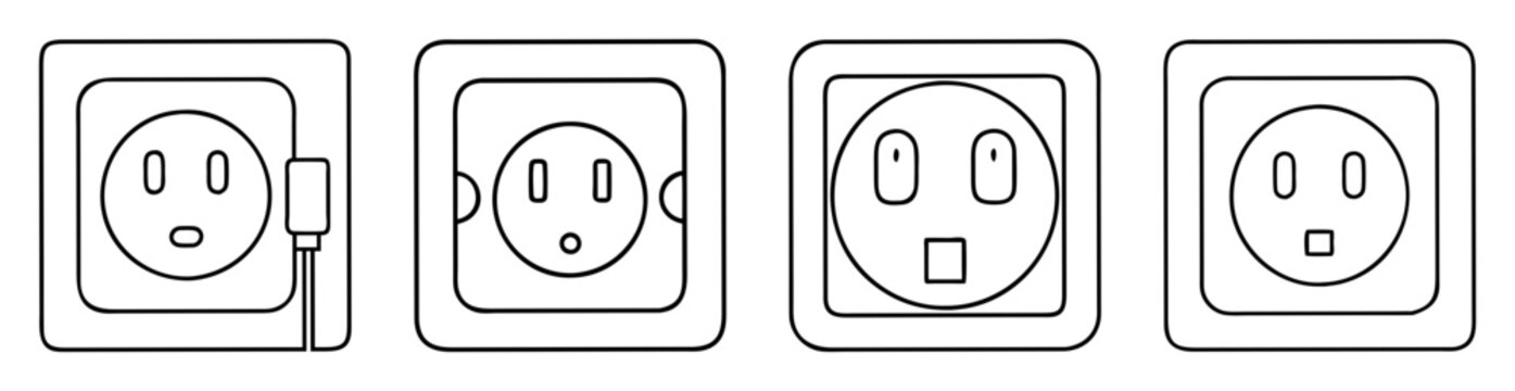 Line art illustration of electrical outlets, depicting various socket styles