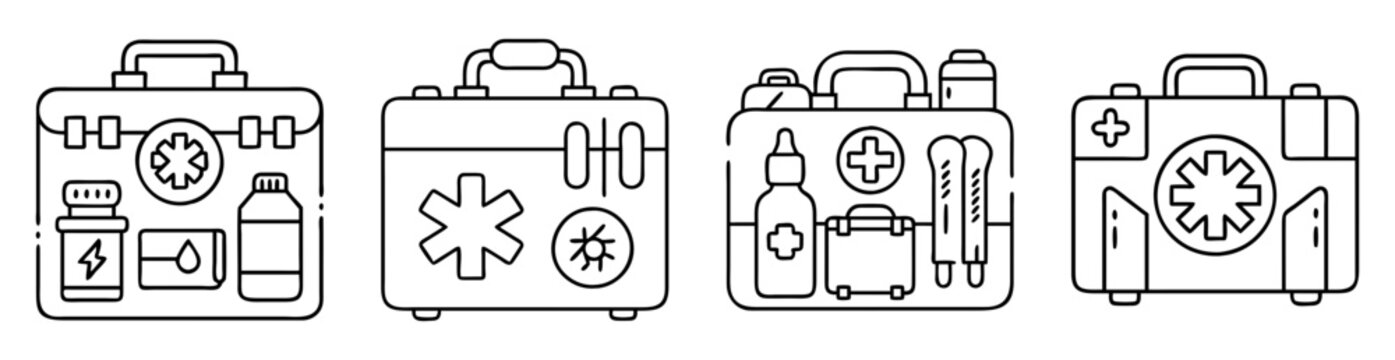 Four diverse stylized first aid kits with essential medical supplies