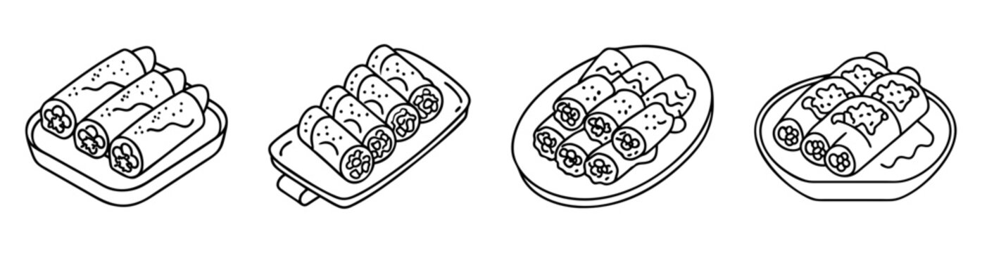 Vector outline illustration of different plates of spring rolls or lumpia