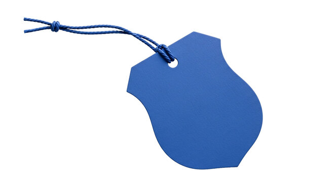 Bright blue shield shaped tag with blue string and knot.