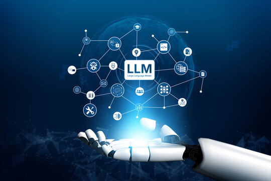 Large Language Model LLM processing data. Represents deep text learning, natural language processing NLP AI tech, transformer architecture, and generative AI deep learning future technology. Corpus