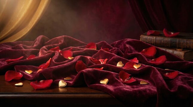 Deep red velvet draped fabric scattered with vibrant red rose petals and small golden heart shapes creating a romantic and still life composition
