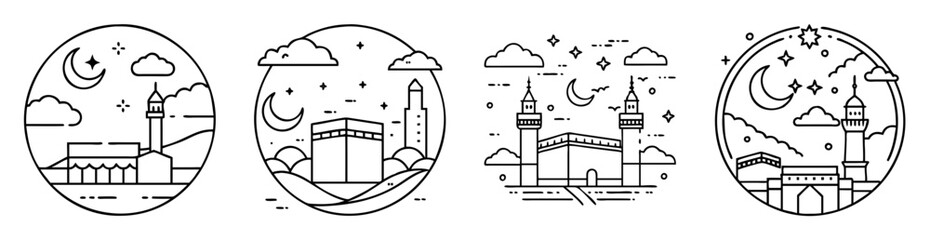 Naklejka premium Four Circular Line Art Depictions of Islamic Landmarks with Celestial Elements