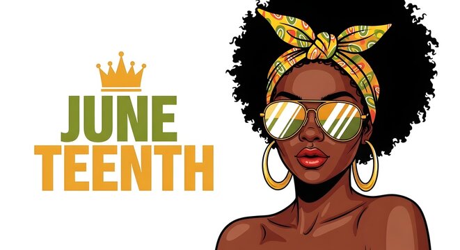 Juneteenth celebration graphic featuring a stylish black woman with afro hair, headwrap, and sunglasses, isolated on white background