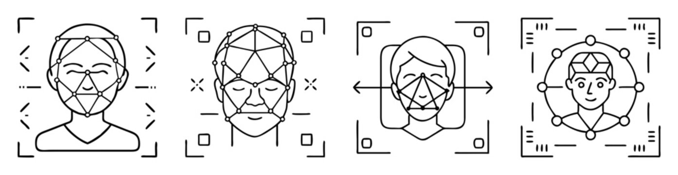 Black and white illustration of facial recognition scan technology process