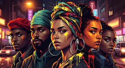 Fototapeta premium Diverse group of young african american people standing together in a vibrant urban city street at night with neon lights and graffiti art style