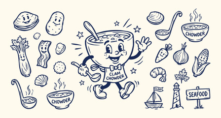 Fototapeta premium Vintage 1930s Rubber Hose Style Clam Chowder Mascot and Seafood Doodle Set