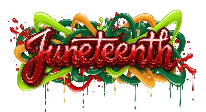 Juneteenth text graphic with red 3d lettering and green and orange liquid paint swirls isolated on white background
