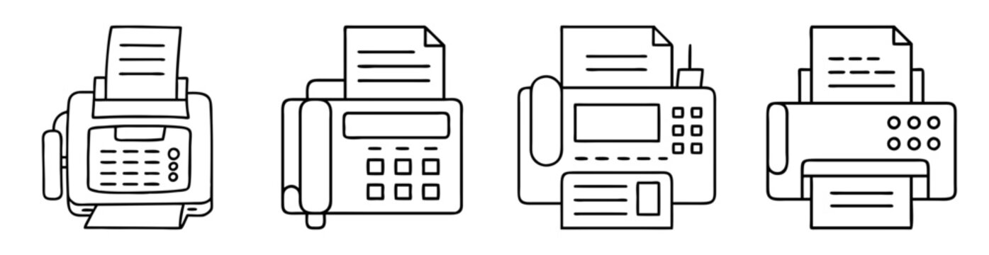 Outline illustration showcasing vintage office machines with paper output and phone receivers