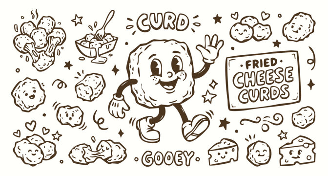 Vintage 1930s Rubber Hose Style Fried Cheese Curd Character and Snack Doodle Set
