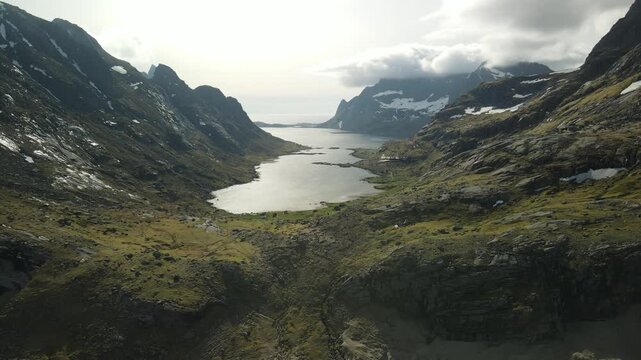 Aerial images of Vindstad in Lofoten, Norway, drone footage, 4k 30fps