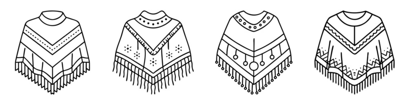 Four unique handdrawn poncho designs with diverse fringe and ornamentation