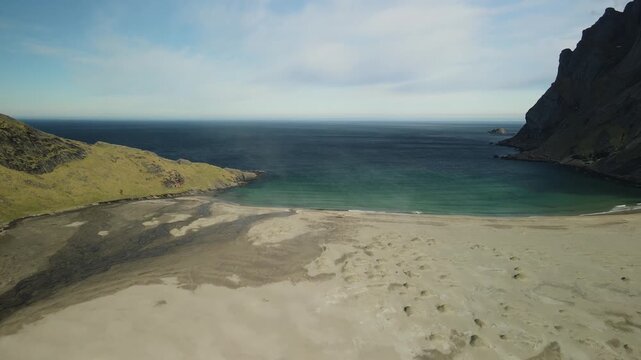 Aerial images of Bunes beach, next to Vindstad in Lofoten, Norway, drone footage, 4k 30fps