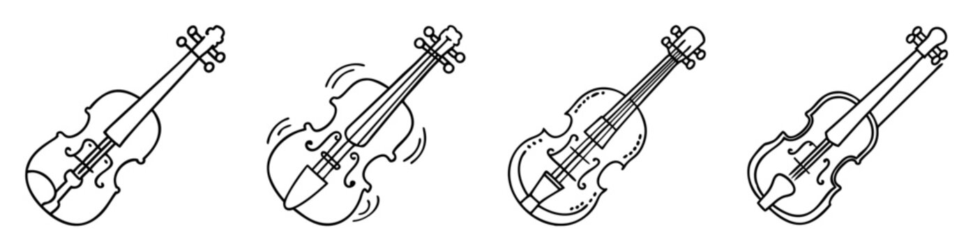 Four Violins in Different Styles Vector Illustration Set in Black and White