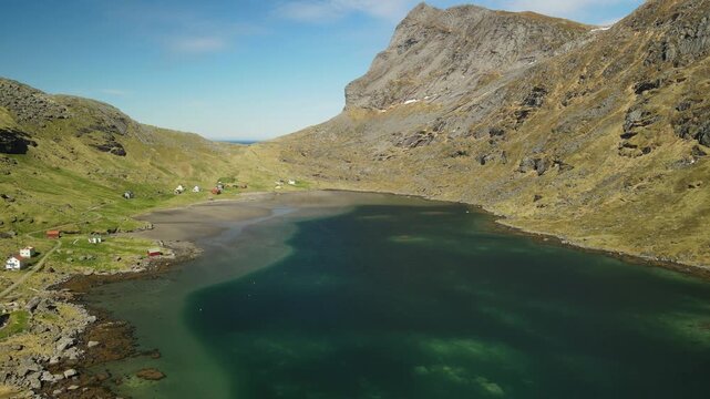 Aerial images of Vindstad in Lofoten, Norway, drone footage, 4k 30fps