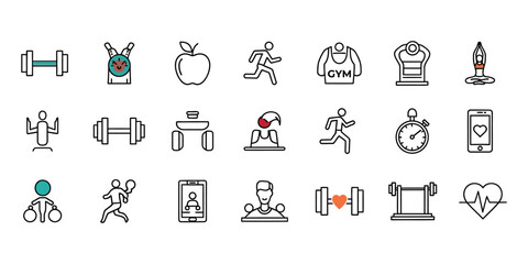 Fototapeta premium collection of minimalist line art icons depicting various fitness and exercise equipment description a set of simple black and