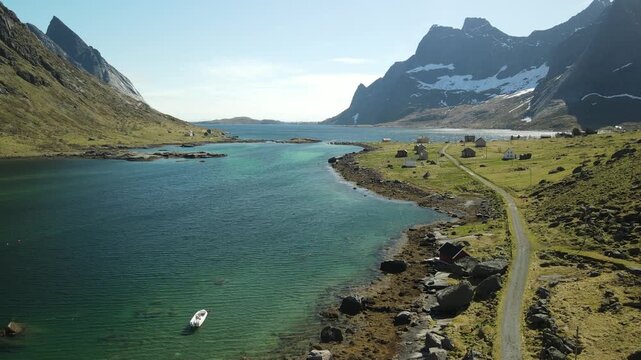 Aerial images of Vindstad in Lofoten, Norway, drone footage, 4k 30fps