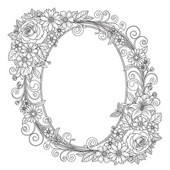 Obraz premium Floral oval frame with flowers and leaves for coloring book pages elegant design