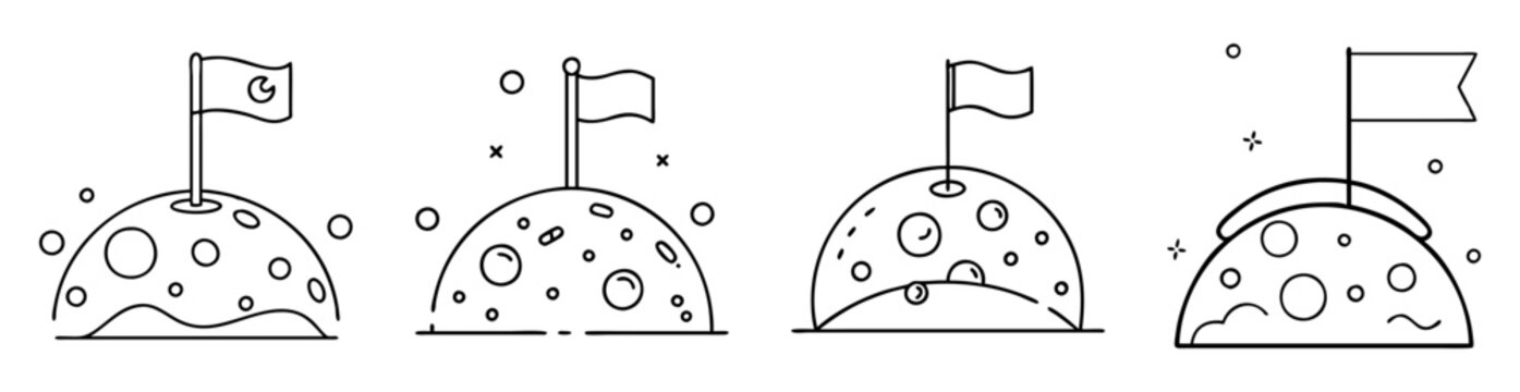 Four black and white abstract planets with flags, craters and other celestial elements