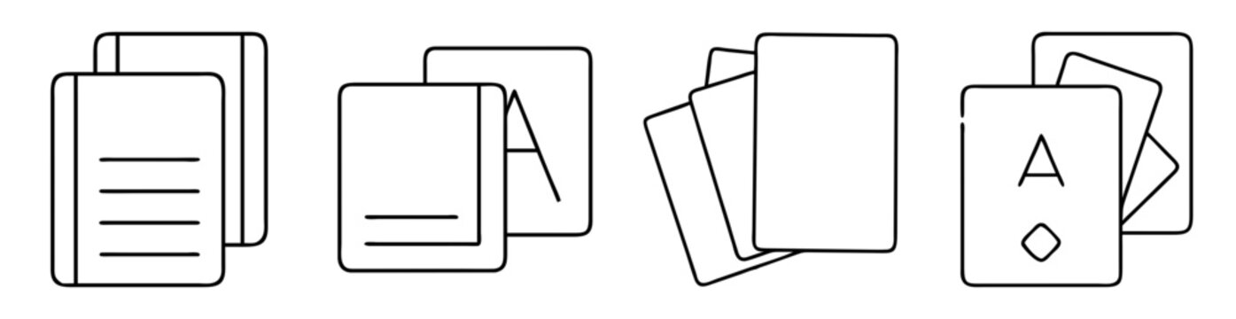 Black and white line art illustration of playing cards in different stacks