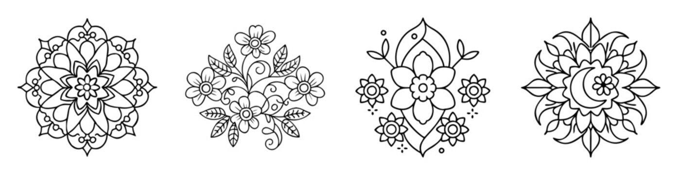 Four distinct flower mandala designs in simple black and white line art