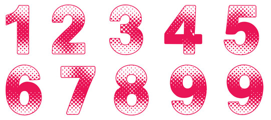 Halftone numbers in retro style, blurred and fuzzy numbers with dots and circles, raster spotted typeface vector set for vintage design, posters, and typography projects © MASUD MONY