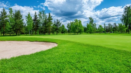 Naklejka premium Well-maintained golf course with bright green grass and sand bunker. Professional playing field. Golf sport and competition