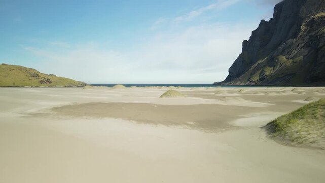Aerial images of Bunes beach, next to Vindstad in Lofoten, Norway, drone footage, 4k 30fps