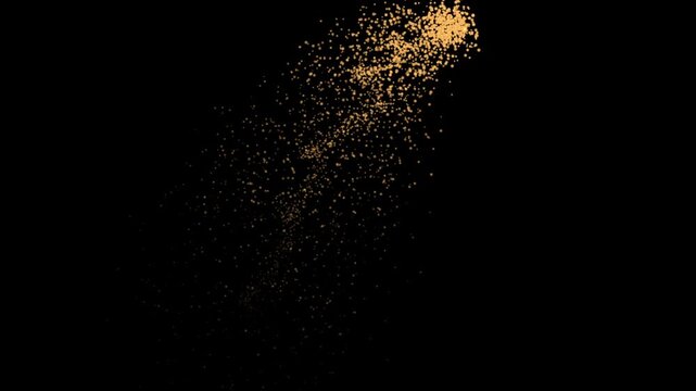 Sprinkling golden particles in dark space creates dynamic visual patterns and effects with each movement across the area