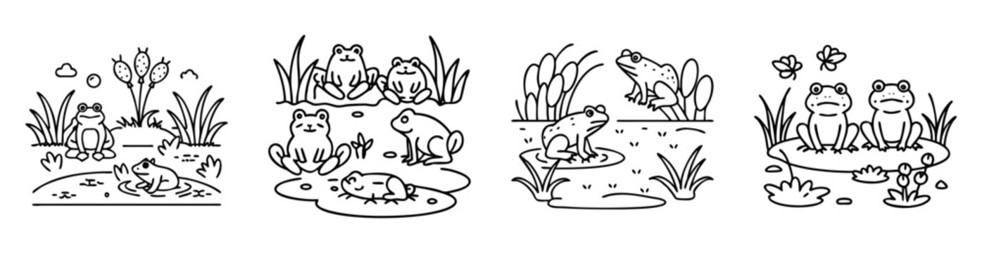 Collection of cute cartoon frogs in different pond scenarios line art