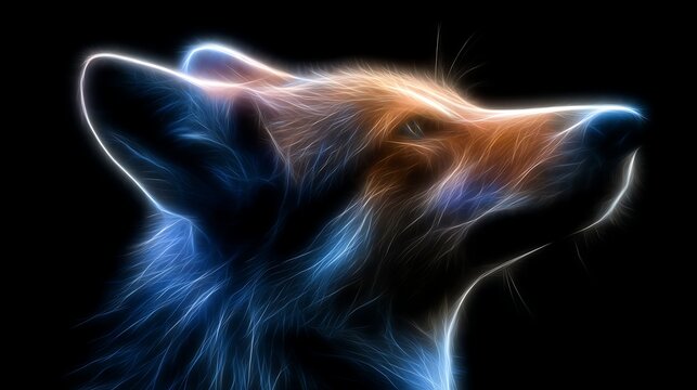 Close up profile of a fox head with glowing blue and orange electric fur on black background
