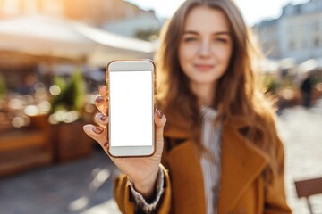 Fototapeta premium Smartphone with white mockup at outdoor cafe