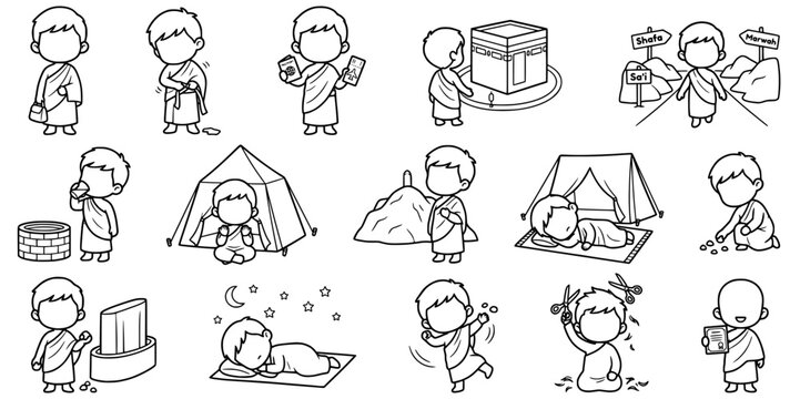 Faceless boy Hajj Umrah pilgrimage coloring page outline vector set