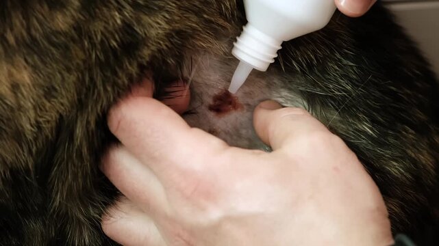 A man washes and disinfects a wound with disinfectant on a cat. A bite laceration on animal's skin after fight. The injured area of body. Pet's owner takes care of his health. High quality 4K footage.