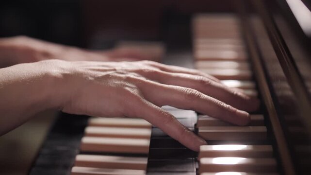 Close-Up Hands Playing Vintage Piano Keys in Warm Studio Lighting