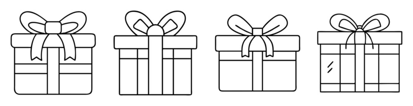 Four different styles of present boxes with bows in simple line art