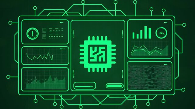 4k futuristic cpu chip neon circuit board animation glowing green digital technology motion background