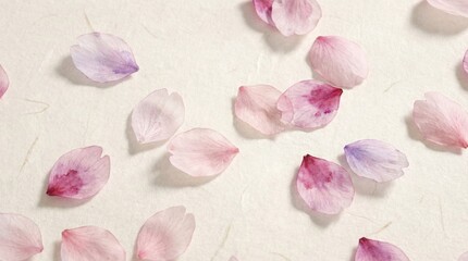 Obraz premium Delicate scattered pink and purple cherry blossom petals on a textured light background creating a soft and ethereal aesthetic spring themes and gentle