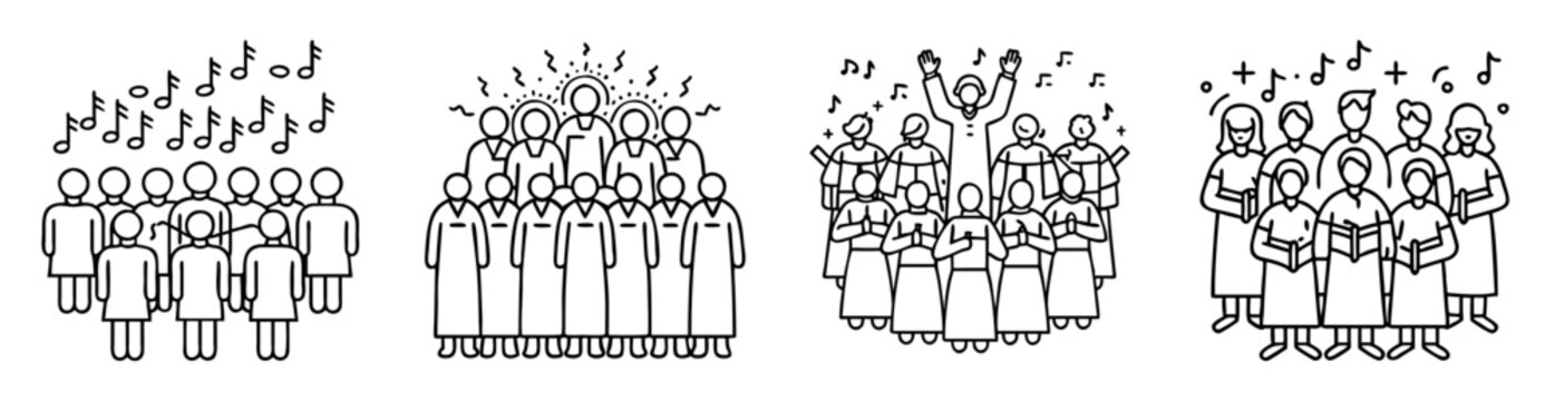 Line art illustrations depicting choirs singing with musical notes and choral formations