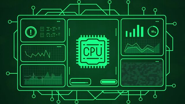 4k motion footage of glowing green cpu chip with digital circuit network animation