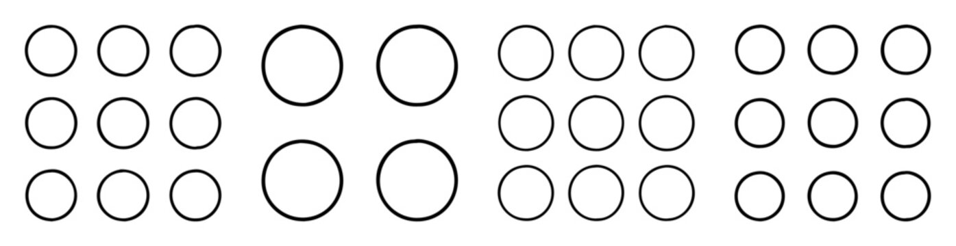 A geometric arrangement of circles with varying spacing, a simple black and white graphic